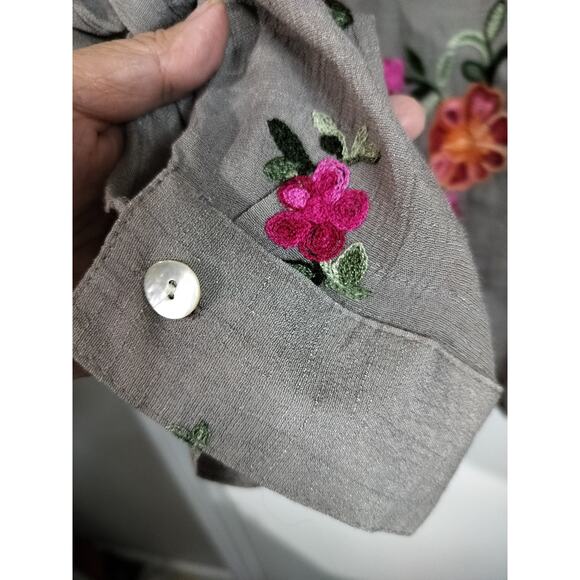 2750)Figueroa & Flower Taupe Embroidery Long Sleeve Button Up Tunic Top XL - Picture 6 of 12